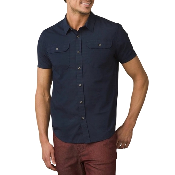 PRANA Cayman Short Sleeve Button Front Shirt Mens X-Large Navy Travel Outdoor - Picture 1 of 12